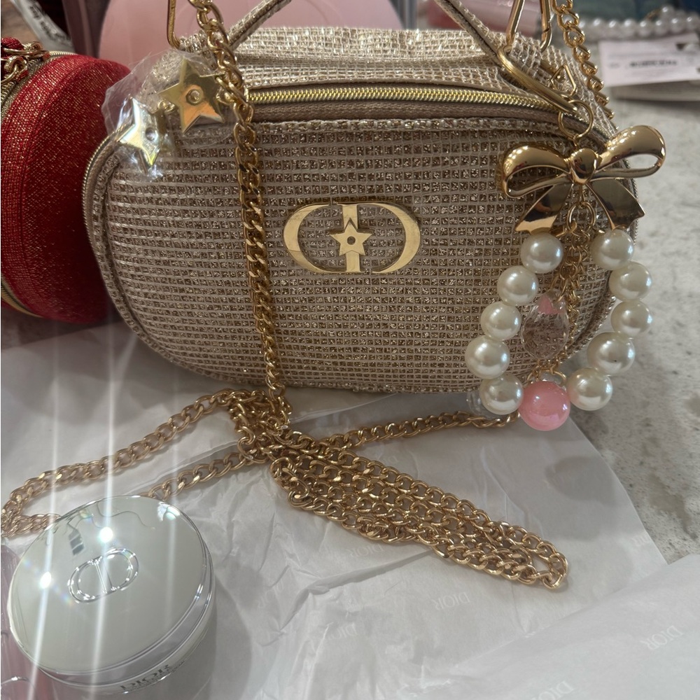 Custom Dior Gold Glitter Pouch Bag with gold strap + Dior Lip Set, Day Cream - Picture 3 of 11
